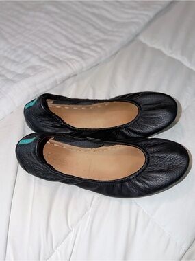 Tieks Black Leather Ballet Flats with Teal Heel Accent